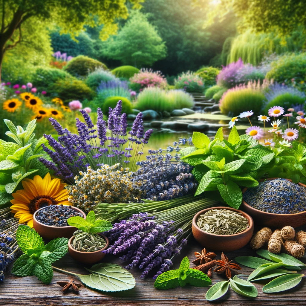 Assortment of therapeutic herbs including lavender, chamomile, mint, and sage, artistically arranged on a wooden surface in a serene garden setting with lush greenery and a blooming pond, highlighting the natural beauty of smokeable legal herbs.