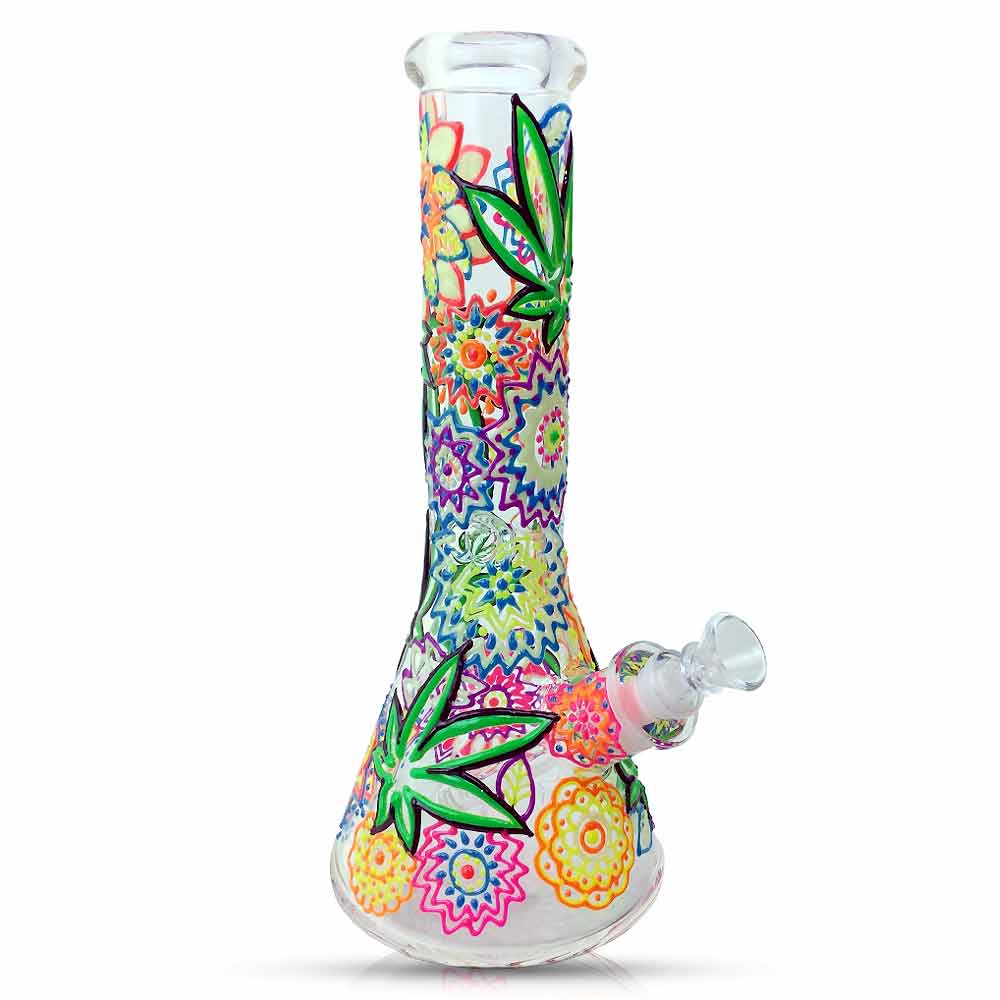 12 INCH Glow in the dark LEAF AND FLOWERS BEAKER WATER PIPE