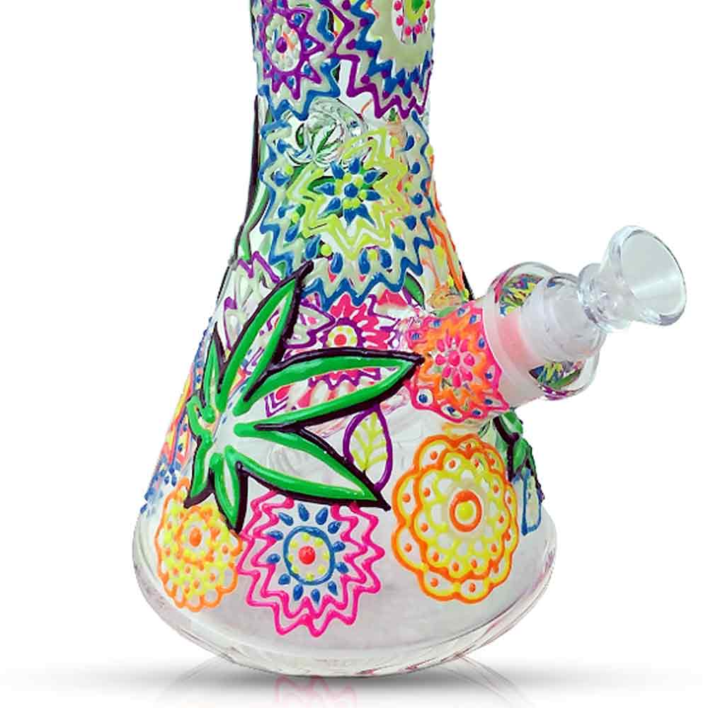 12 INCH Glow in the dark LEAF AND FLOWERS BEAKER WATER PIPE