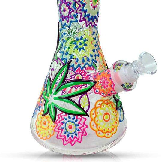 12 INCH Glow in the dark LEAF AND FLOWERS BEAKER WATER PIPE