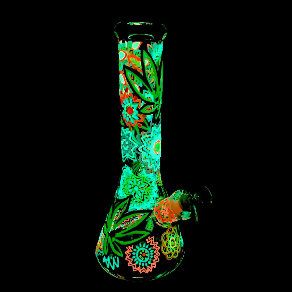 12 INCH Glow in the dark LEAF AND FLOWERS BEAKER WATER PIPE