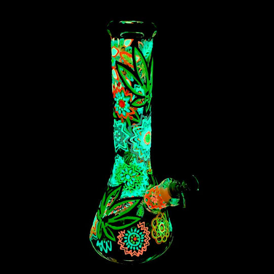 12 INCH Glow in the dark LEAF AND FLOWERS BEAKER WATER PIPE