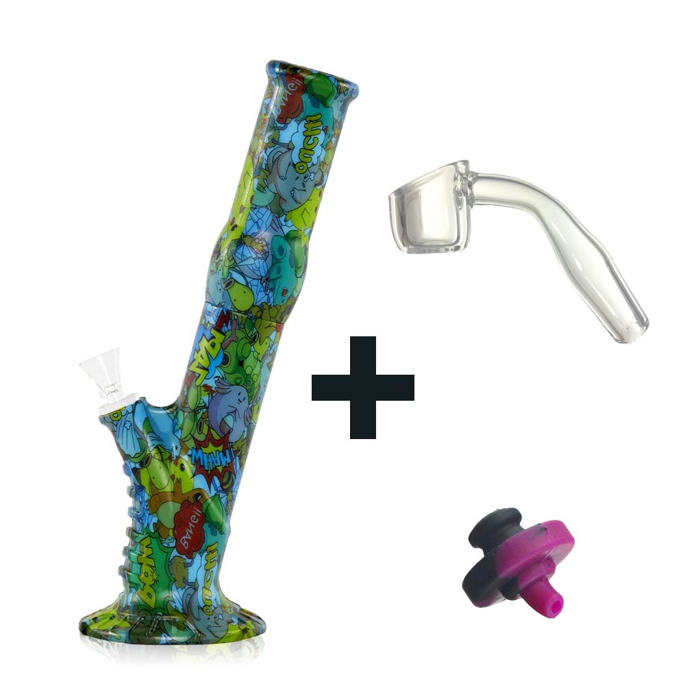 SIILICONE SLANTED WATER PIPE - 13" WITH QUARTZ BANGER AND DIRECTIONAL SILICONE CARB CAP