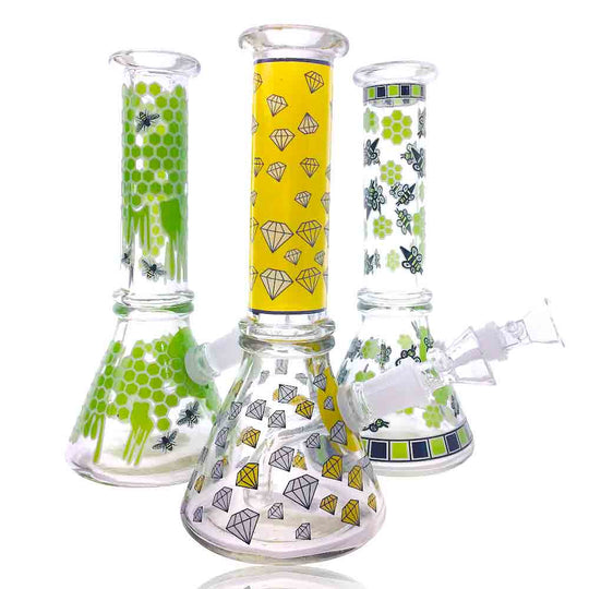 8 INCH GLOW IN THE DARK ASSORTED DESIGNS 4MM BEAKER WATER PIPE