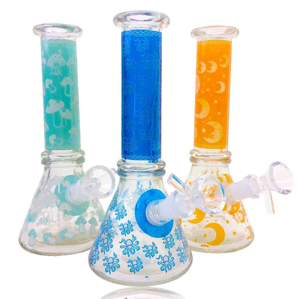 8 INCH GLOW IN THE DARK ASSORTED DESIGNS 4MM BEAKER WATER PIPE